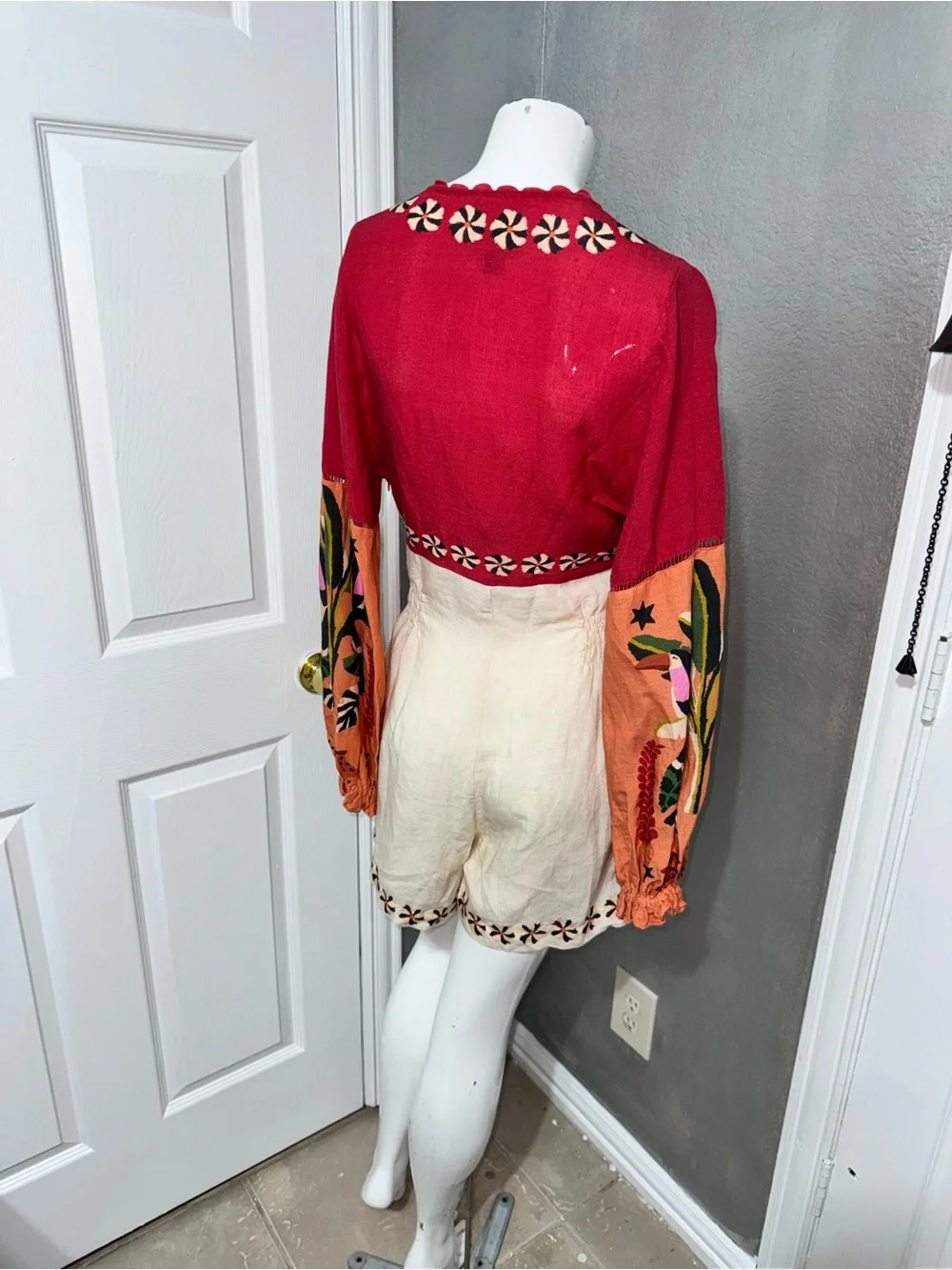 Anthropologie Pink and Cream Embroidered V-Neck Romper - Picture 9 of 17